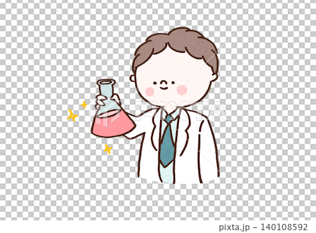 A male researcher in a white lab coat gazes at a flask containing liquid (development, invention, scientific experiment). A male researcher in a white lab coat gazes at a flask containing liquid (development, invention, scientific experiment). 140108592