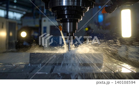CNC milling machine processing on steel with cooling, coolant milk in the metal CNC milling machine processing on steel with cooling, coolant milk in the metal 140108594