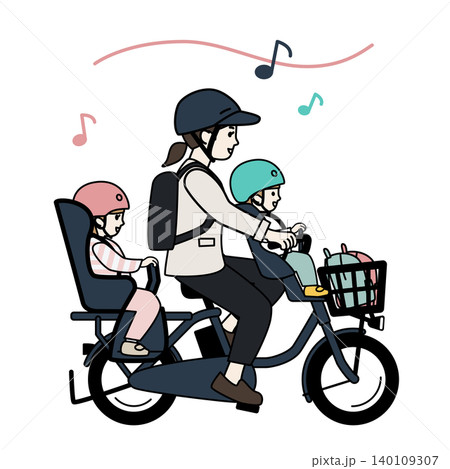 二人の子供を電動自転車で保育園に送迎する母親のイラスト・三人乗り自転車 140109307