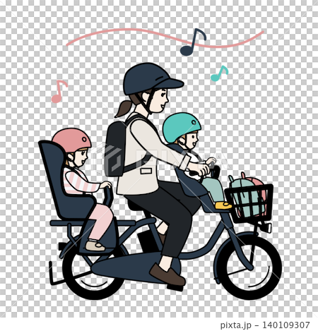 二人の子供を電動自転車で保育園に送迎する母親のイラスト・三人乗り自転車 140109307