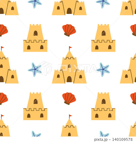 Cute summer beach seamless pattern with sandcastles and seashells 140109578
