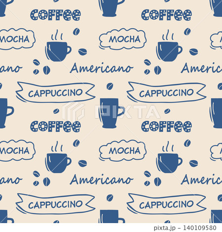 Cute coffee seamless pattern with hand drawn lettering and coffee cups Cute coffee seamless pattern with hand drawn lettering and coffee cups 140109580