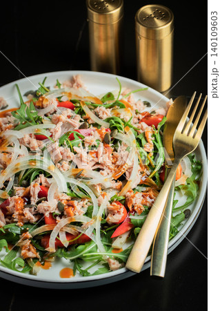 Fresh Tuna Salad with Onions and Cherry Tomatoes. Italian Mediterranean Cuisine 140109603