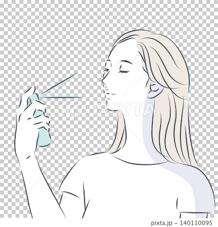 一幅線條畫插圖,描繪了一位長髮女子正在使用護膚噴霧來提神醒腦。 一幅線條畫插圖,描繪了一位長髮女子正在使用護膚噴霧來提神醒腦。 140110095
