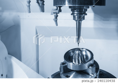High-precision 5-axis CNC milling machine executing a finish cut on a mold part with a ball nose end mill tool in a blue tone. 140110438