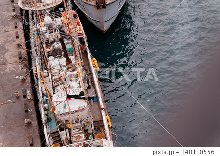 High Angle View of Fishing Vessel Deck and Gear at Nanfangao Harbor High Angle View of Fishing Vessel Deck and Gear at Nanfangao Harbor 140110556