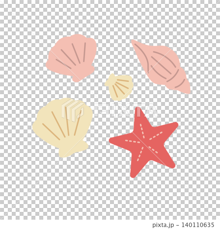 貝殼和海星的簡單插圖。夏季素材。扁平化插圖，夏季素材，貝殼，海星，海螺殼，插圖，be 140110635