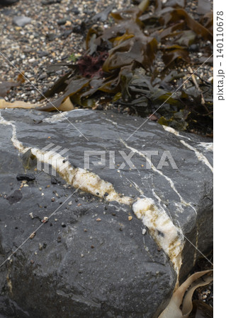 close-up of a dark geological rock formation featuring a white quartz vein on a coastal beach close-up of a dark geological rock formation featuring a white quartz vein on a coastal beach 140110678