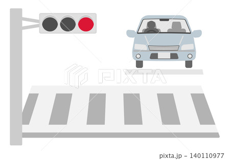 赤信号で横断歩道(横)の前で停まっている車のイラスト 140110977
