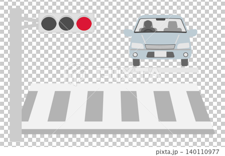 赤信号で横断歩道(横)の前で停まっている車のイラスト 140110977