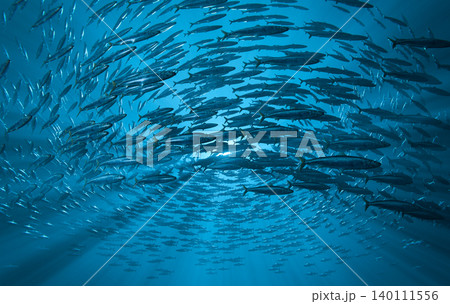 Sardine Bait Ball Sphere God Rays Underwater Ocean, 3D Render background Sardine Bait Ball Sphere God Rays Underwater Ocean, 3D Render background 140111556