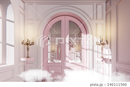 Surreal Dream Pink Baroque Hall with Clouds Heaven Fantasy Portal, 3D Render 140111560