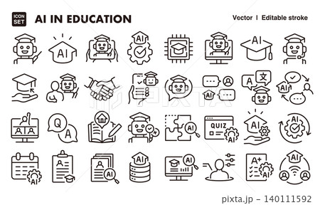 教育におけるAI活用のアイコンセット（細線・ベクター素材）学校、EdTech、教育、学習素材 140111592