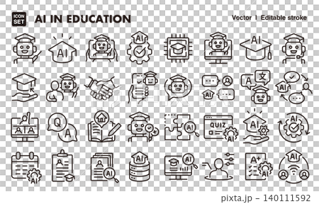 教育におけるAI活用のアイコンセット（細線・ベクター素材）学校、EdTech、教育、学習素材 140111592