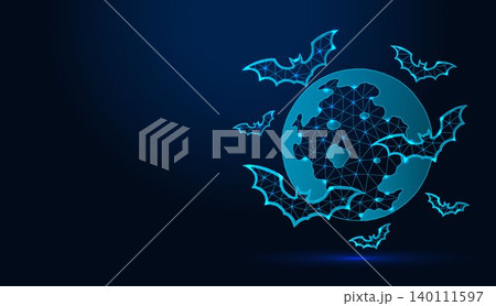 Low poly wireframe bats flying around full moon on dark blue background. Low poly wireframe bats flying around full moon on dark blue background. 140111597