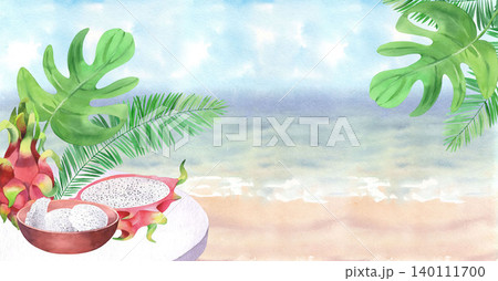 Watercolor straw hat with the ribbon, sunglasses, pitahaya, clay bowl, palm and monstera leaves on the seascape on a background. For packaging design, cards, cover, prints, product labels and fabric 140111700