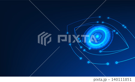 Technology background digital eye interface, representing advanced cyber security, data protection, biometrics, artificial intelligence monitoring, network surveillance, digital identity security 140111851