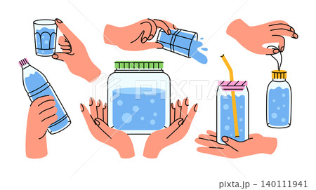 Colorful illustrations of different positions of human hands holding glass containers with water in cartoon style. Stickers of a glass, shot glass, bottle, carboy, baby bottle, and shaker with a straw Colorful illustrations of different positions of human hands holding glass containers with water in cartoon style. Stickers of a glass, shot glass, bottle, carboy, baby bottle, and shaker with a straw 140111941