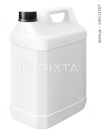 Blank white plastic jerry can. Canister with handle isolated on white background, Empty container mockup for liquid product packaging, cleaning solution, chemical. Realistic 3d vector illustration. Blank white plastic jerry can. Canister with handle isolated on white background, Empty container mockup for liquid product packaging, cleaning solution, chemical. Realistic 3d vector illustration. 140112167