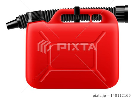 Red plastic canister with spout isolated on white background. Canister for fuel and lubricants. Gasoline canister. Realistic 3d vector illustration. Fuel can storage icon Red plastic canister with spout isolated on white background. Canister for fuel and lubricants. Gasoline canister. Realistic 3d vector illustration. Fuel can storage icon 140112169