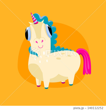Vector illustration with white cute unicorn isolated on a yellow background. Card with funny cartoon character. Concept for design t-shirt print, poster, stickers 140112252