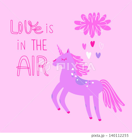 Cute unicorn. Love is in the air. Cartoon character. Valentine card. Funny doodle animal in flat style isolated on pink background. Vector illustration for design t-shirt print, poster, stickers, logo Cute unicorn. Love is in the air. Cartoon character. Valentine card. Funny doodle animal in flat style isolated on pink background. Vector illustration for design t-shirt print, poster, stickers, logo 140112255