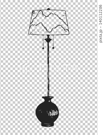black and white illustration of a lamp with a decorative mountains shade design black and white illustration of a lamp with a decorative mountains shade design 140112286