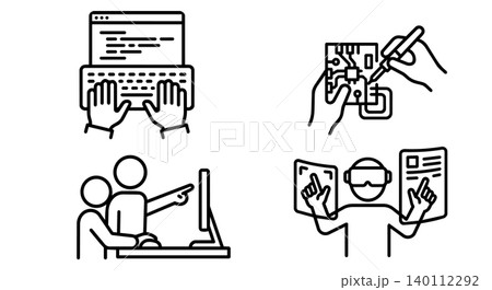 Technology engineering vector icon set. Programmer typing code on keyboard, soldering circuit board microchip, VR virtual reality interface, and IT workplace team collaboration concept. Technology engineering vector icon set. Programmer typing code on keyboard, soldering circuit board microchip, VR virtual reality interface, and IT workplace team collaboration concept. 140112292