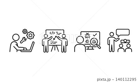Software engineering stick figure vector icon set. Laptop maintenance, programmers code review on board, computer bug fixing, and tech presentation concept. Software engineering stick figure vector icon set. Laptop maintenance, programmers code review on board, computer bug fixing, and tech presentation concept. 140112295