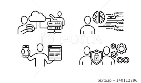 IT and DevOps security stick figure vector icon set. Cloud server database, AI artificial intelligence brain, mobile web UI UX development, and cyber security concept. 140112296