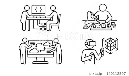 Engineering and software development stick figure vector icon set. Coding programmers, soldering circuit board, cloud DevOps infrastructure, and VR 3D modeling concept. 140112297