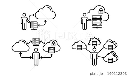 Cloud computing security stick figure line art vector icon set. Network administrator managing data center server, padlock cloud safety, multi-cloud infrastructure, and system failure troubleshooting Cloud computing security stick figure line art vector icon set. Network administrator managing data center server, padlock cloud safety, multi-cloud infrastructure, and system failure troubleshooting 140112298