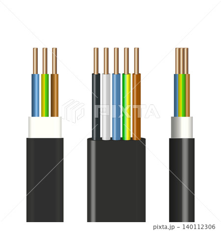 Flat and round cable with insulated copper conductors, vector illustration. Flat and round cable with insulated copper conductors, vector illustration. 140112306