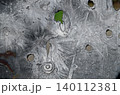 Bullet holes of different calibers on piece of sheet steel 140112381