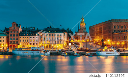 Scenic View Of Embankment In Old Part Of Stockholm At Summer Evening, Sweden. Time After Sunset. 140112395