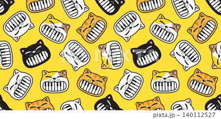 cat seamless pattern piano keyboard instrument kitten face head smiling calico teeth pet cartoon doodle vector gift wrapping paper tile background repeat wallpaper illustration isolated design 140112527