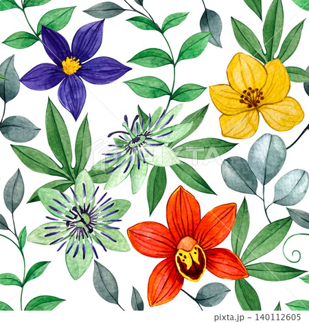 Tropical flowers and leaves, seamless watercolor pattern. Passion flowers, orchids, and leaves Tropical flowers and leaves, seamless watercolor pattern. Passion flowers, orchids, and leaves 140112605