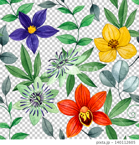Tropical flowers and leaves, seamless watercolor pattern. Passion flowers, orchids, and leaves Tropical flowers and leaves, seamless watercolor pattern. Passion flowers, orchids, and leaves 140112605