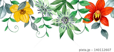 Tropical flowers and leaves, seamless watercolor border. Passion flowers, orchids, and leaves Tropical flowers and leaves, seamless watercolor border. Passion flowers, orchids, and leaves 140112607
