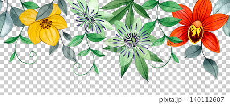 Tropical flowers and leaves, seamless watercolor border. Passion flowers, orchids, and leaves Tropical flowers and leaves, seamless watercolor border. Passion flowers, orchids, and leaves 140112607