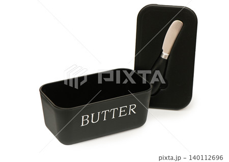 Black Butter Dish with Integrated Knife on White Background Black Butter Dish with Integrated Knife on White Background 140112696