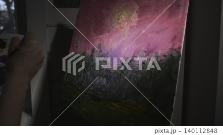 Painting Of Pink Sunset Indoors. Artist Captures Warm Sunset With Textured Brushstrokes On Canvas . Media 140112848
