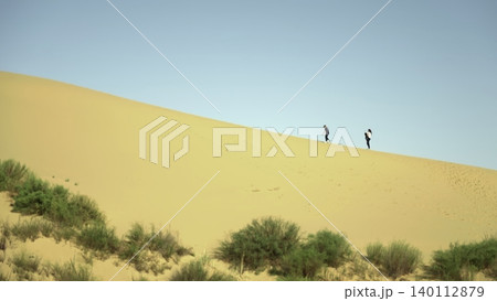 Strolling Through Desert Landscapes Together, Adventurous Walk Across Sandy Ridges And Vibrant Flora. Creative Strolling Through Desert Landscapes Together, Adventurous Walk Across Sandy Ridges And Vibrant Flora. Creative 140112879