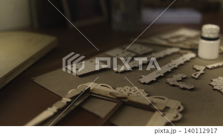 Crafting Pieces Prepared For Fine Detailing. Workspace Set With Tools And Materials For Project. Media Crafting Pieces Prepared For Fine Detailing. Workspace Set With Tools And Materials For Project. Media 140112917