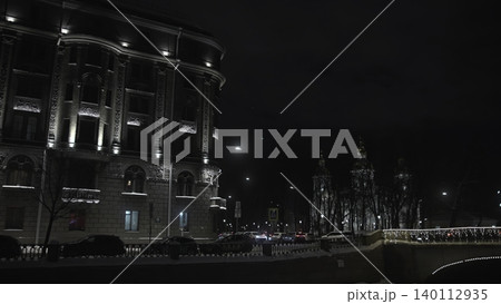 Old Building Highlighted With Twilight. Vintage Architectural Features Reflect Moody Nighttime Ambiance. Media Old Building Highlighted With Twilight. Vintage Architectural Features Reflect Moody Nighttime Ambiance. Media 140112935