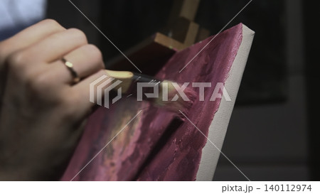 Soft Brush Strokes Create Texture. Freelance Painter Meticulously Merges Colors On Vibrant Surface . Media 140112974