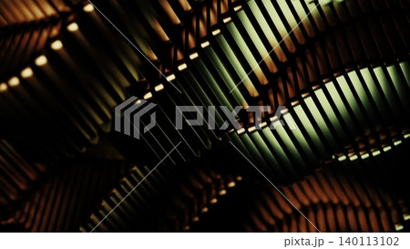Metallic Ribbed Motion. Warm Highlights And Shadows Form Rhythmic Textured Industrial Patterns 140113102