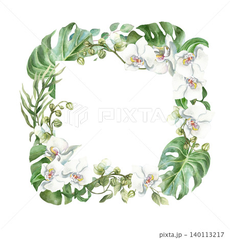 White orchids square template for text. Delicate flowers and tropical green leaves. Hand drawn watercolor illustration, isolated. Suitable for wedding invitations, cards and cosmetic labels White orchids square template for text. Delicate flowers and tropical green leaves. Hand drawn watercolor illustration, isolated. Suitable for wedding invitations, cards and cosmetic labels 140113217