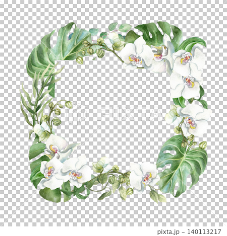 White orchids square template for text. Delicate flowers and tropical green leaves. Hand drawn watercolor illustration, isolated. Suitable for wedding invitations, cards and cosmetic labels White orchids square template for text. Delicate flowers and tropical green leaves. Hand drawn watercolor illustration, isolated. Suitable for wedding invitations, cards and cosmetic labels 140113217