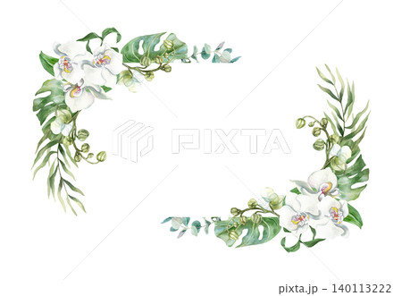 White orchid text template. Delicate flowers and tropical green leaves. Hand drawn watercolor illustration, isolated. Suitable for wedding invitations, cards, spa certificates and cosmetic labels White orchid text template. Delicate flowers and tropical green leaves. Hand drawn watercolor illustration, isolated. Suitable for wedding invitations, cards, spa certificates and cosmetic labels 140113222